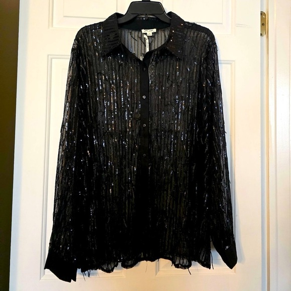 Ultra Pink Tops - Ultra Pink Black Sheer Sequined Collared Button Up Size 2X Plus LS NWT Dressy